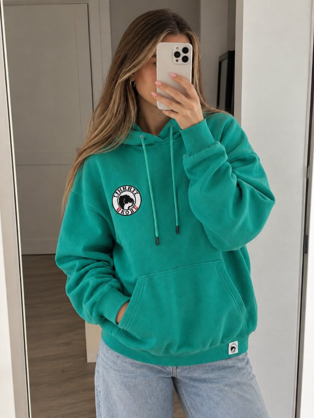 Inherit Glory Teal Green Pullover Hoodie Size L Logo Patch